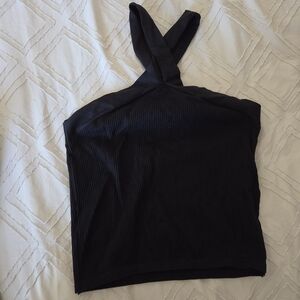 Black Ribbed Cross-Strap Halter Tank Top